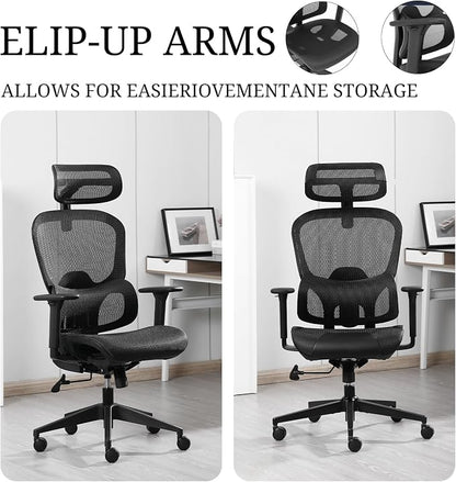 Ergonomic Mesh Office Chair with Lumbar Support - Adjustable Seat Height, Flip-Up Arms Breathable Mesh Desk Chair for Home Office, Work & Gaming (Black)