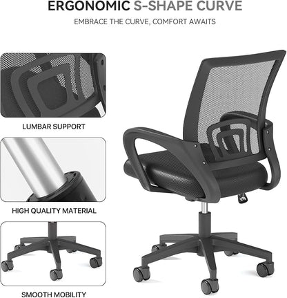 Office Chair, Ergonomic Mid-Back Mesh Desk Chair with Lumbar Support, Adjustable Height Computer Chair with Rolling Wheels Design,Comfy Armrest for Work, Study, Gaming, 10 Pack, Black