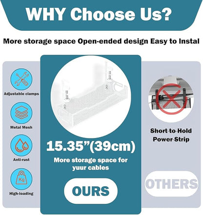 Under Desk Cable Management Tray, No Drill Mesh Desk Cable Tray, Wire Management Tray Cable Management Rack, Wire Organizer and Cable Management Box (White)