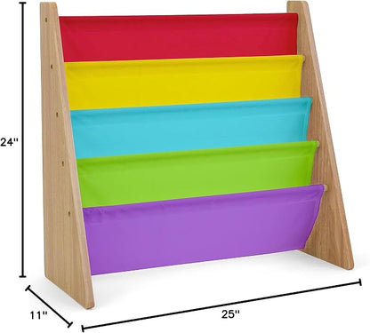 Humble Crew 4-Tier Kids Bookshelf, Natural Wood/Rainbow - Premium Book Shelf for Kids Rooms with Four Deep Pockets - Toddler Sling Book Rack with Deep Sleeves, Nursery Bookcase Organizer