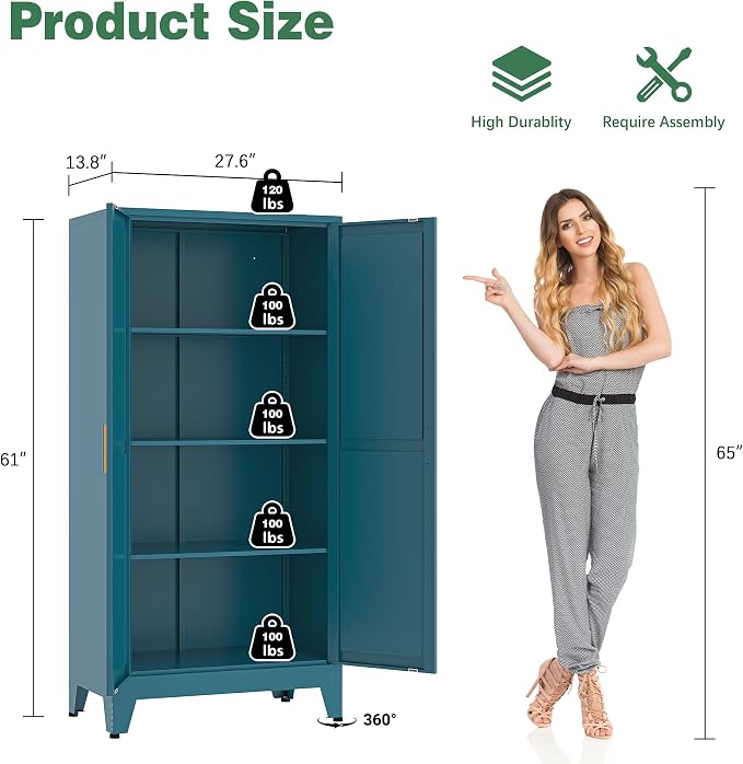 Bevivog Bathroom Storage Cabinet Freestanding, 61" Tall Metal Cabinets with Doors and Shelves, Blue Metal Pantry Cabinet for Kitchen, Living Room, Home Office