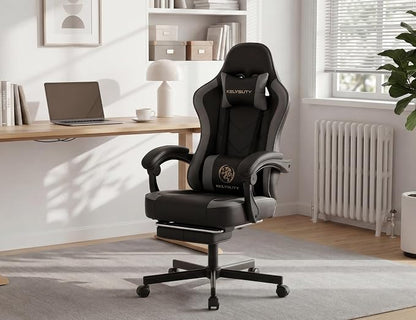 Office Desk Computer Gaming Chair for Adults, Ergonomic High Back Gamer Chair with Massage and Pocket Spring Cushion, Swivel Comfy Video Game Chairs with Footrest and Lumbar Support (Black Grey)