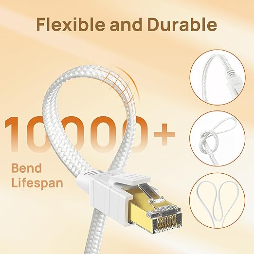 Orbram Cat 8 Ethernet Cable 30 ft White, Nylon Braided High Speed Heavy Duty Network LAN Patch Cord, 40Gbps 2000Mhz SFTP RJ45 Flat Internet Cable Shielded in Wall, Indoor&Outdoor for PC/Modem/Router