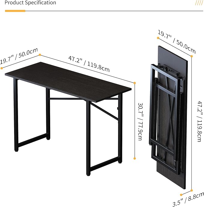 Lutown-Teen Folding Computer Desk 47 inch Writing Gaming Computer Camping Table, No Assembly Required Home Office Desk, Black