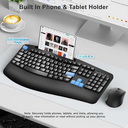 Wireless Keyboard and Mouse Combo, 2.4G Full Size Wave Keys Ergonomic Keyboard with Wrist Rest, Phone Holder, 3-Level DPI Wireless Silent Mouse with 6-Buttons, for Windows, Mac OS, Laptop (Blue Black)