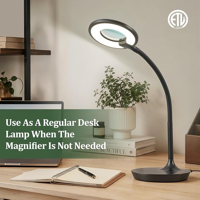 Magnifier Desk Lamp, Flexible Gooseneck, 2-in-1 Magnifying Glass 3X+6X Led Work Light for Elderly Reading, 3 Dimmable Office Magnifying Lamp, Hands Free Mag Desk Lamp for Crafts Sewing Needlepoint