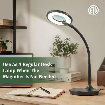Magnifier Desk Lamp, Flexible Gooseneck, 2-in-1 Magnifying Glass 3X+6X Led Work Light for Elderly Reading, 3 Dimmable Office Magnifying Lamp, Hands Free Mag Desk Lamp for Crafts Sewing Needlepoint