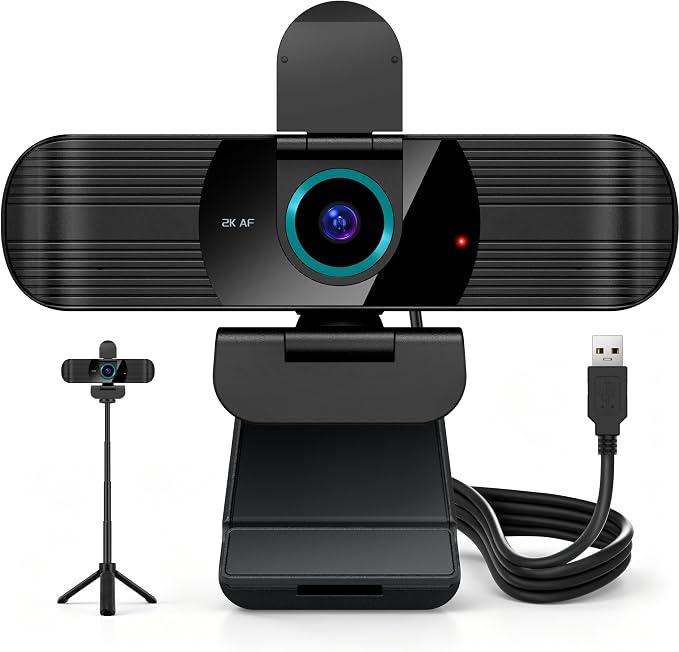 Pro QHD 2K/60fps Webcam with Tripod, External USB Camera for PC/Laptop | Dual noise-cancelling mics | Auto-focus | Wide-angle | Low-light correction | 360° rotation | CMOS sensor | Plug and Play