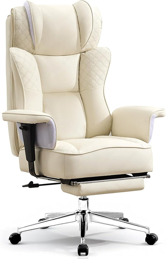 Big and Tall Office Chair, Leather Executive Ergonomic Desk Chair with Footrest, Comfy High-Back Computer Reclining Chairs with Lumbar Support (Beige)