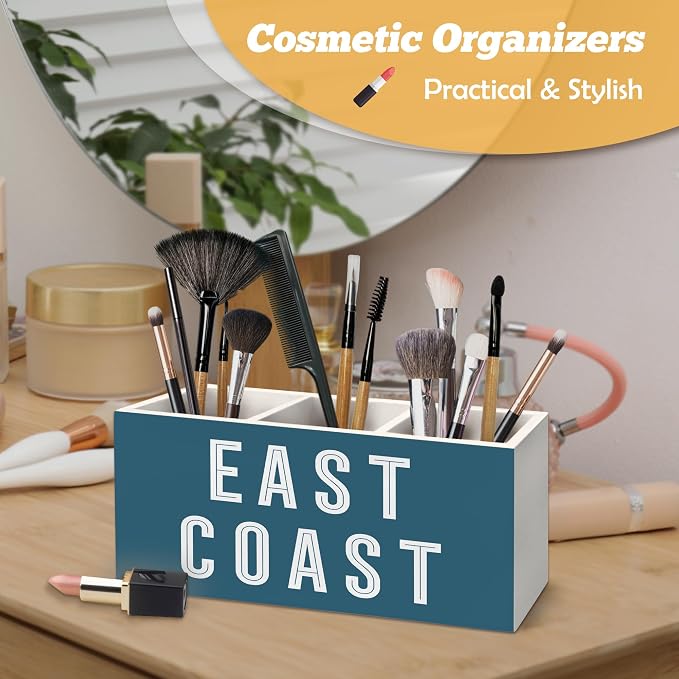 Coastal East Coast Pen Holder Organizer for Desk Accessories, Blue Beach Coastal Cowgirl Wooden Box Sign Desk Decorations for College Girls Dorm Beachy Room Decor, East Coast Decor