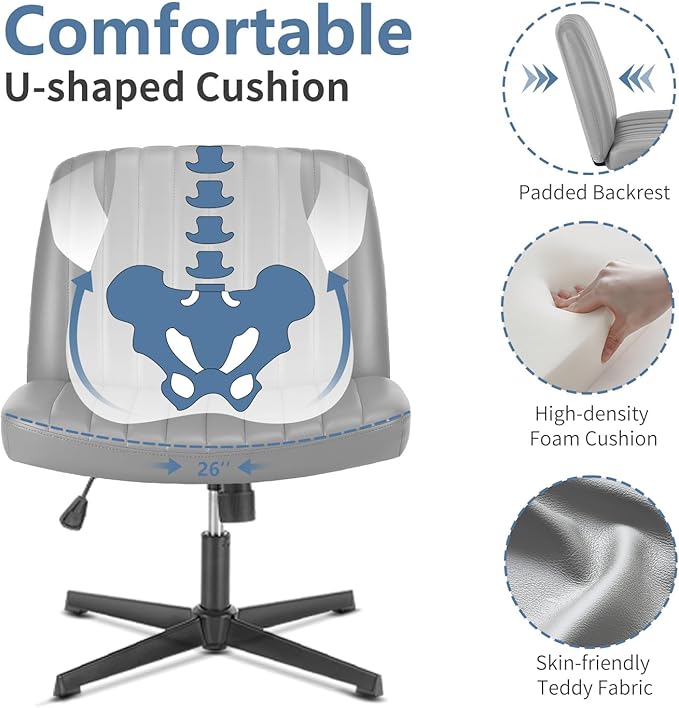 DUMOS Criss Cross Chair No Wheels, Wide Seat Cross Legged Office Desk Vanity Chair, Faux Leather Armless Height Adjustable Swivel Task Computer Chairs for Home, Study, Grey PU
