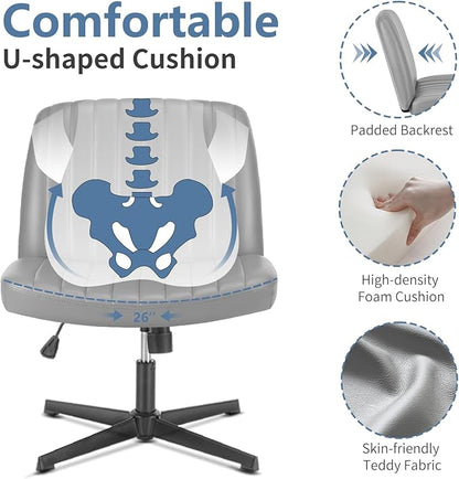 DUMOS Criss Cross Chair No Wheels, Wide Seat Cross Legged Office Desk Vanity Chair, Faux Leather Armless Height Adjustable Swivel Task Computer Chairs for Home, Study, Grey PU