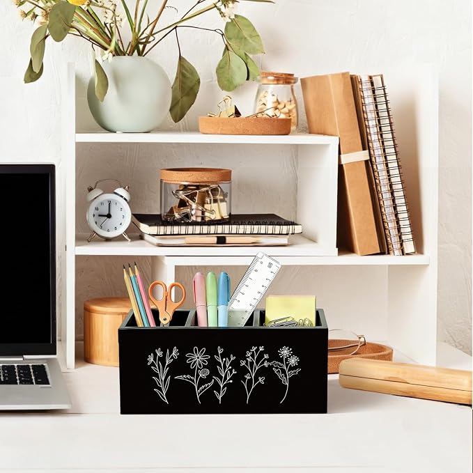 Black and White Floral Pen Pencil Holder for Desk, Minimalist Wildflower Botanical Wooden Box Sign Organizer for Home Office Bedroom Desk Accessories Tabletop Decorations