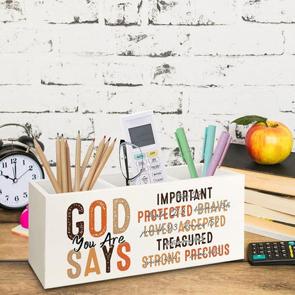 Bookmark Holder Decor Wooden Pen Pencil Holder for Desk, Christian Bible Gifts, God Says you Are Wood Makeup Brush Toothbrush Holder Organizer for Reading Corner Room Library