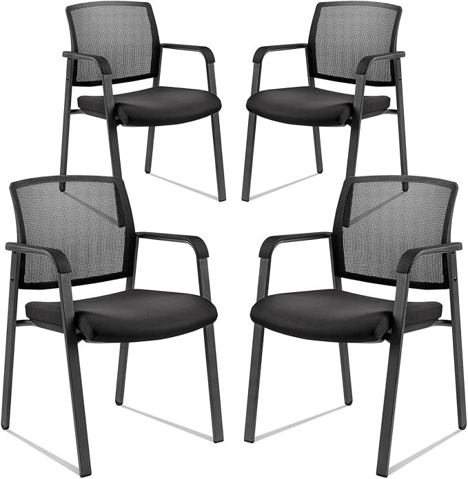 CLATINA Guest Reception Stacking Office Chairs with Arm, Mesh Back Waiting Room Chair with Upholstered Fabric Seat and Ergonomic Lumbar Support for Office Conference School Church, Black-4 Pack