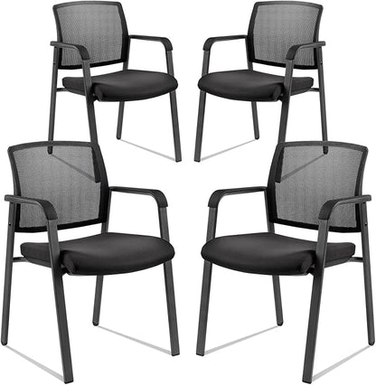 CLATINA Guest Reception Stacking Office Chairs with Arm, Mesh Back Waiting Room Chair with Upholstered Fabric Seat and Ergonomic Lumbar Support for Office Conference School Church, Black-4 Pack