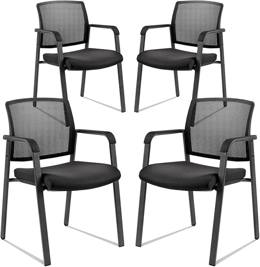 CLATINA Guest Reception Stacking Office Chairs with Arm, Mesh Back Waiting Room Chair with Upholstered Fabric Seat and Ergonomic Lumbar Support for Office Conference School Church, Black-4 Pack