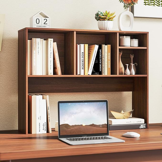 LDAILY Desktop Bookshelf, 2-Tier Office Desk Shelf Organizer Desk Hutch with 4 Shelves, 37’’L Wood Storage Rack Display Shelf for Computer Desk, Office, College Dorm, Bedroom (Walnut)