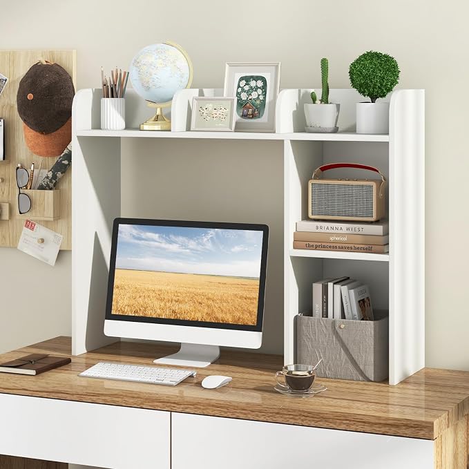 GOFLAME 5 Shelves Desktop Bookshelf, Wood Desk Hutch Dorm for Computer Desk, Countertop Display Rack, 3-Tier Desk Storage Organizer Shelf for Dormitory, Home Office, Study, White