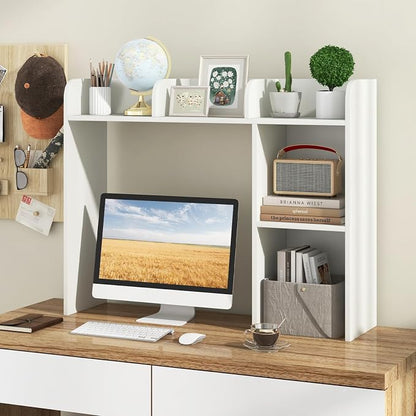GOFLAME 5 Shelves Desktop Bookshelf, Wood Desk Hutch Dorm for Computer Desk, Countertop Display Rack, 3-Tier Desk Storage Organizer Shelf for Dormitory, Home Office, Study, White