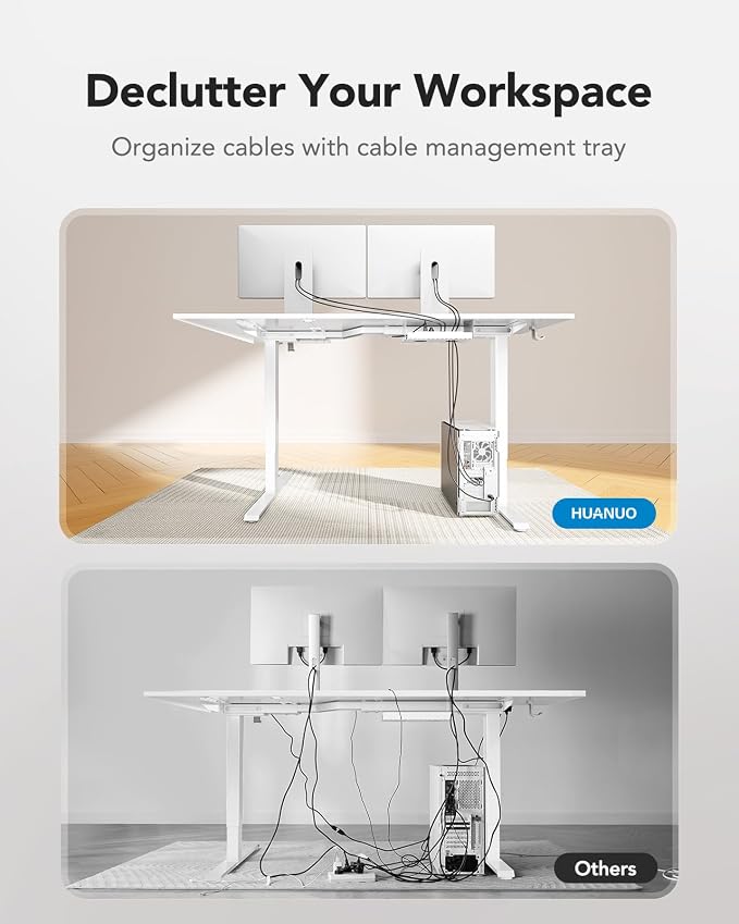 HUANUO Dual Motor 71x48 inch L Shaped Electric Standing Desk with 3 Preset Heights, Electric Height Adjustable Computer Table, 2 Hooks & Cable Tray, Raising Desk for Home Office, White