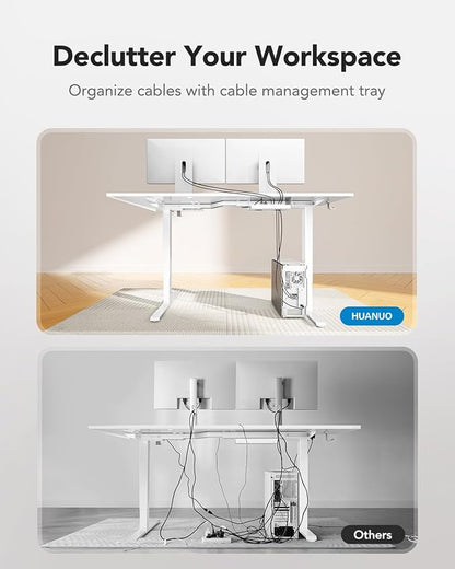 HUANUO Dual Motor 71x48 inch L Shaped Electric Standing Desk with 3 Preset Heights, Electric Height Adjustable Computer Table, 2 Hooks & Cable Tray, Raising Desk for Home Office, White