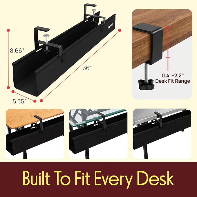 Pyle 36" Under Desk Cable Management Tray, Under Desk Wire Organizer with Clamp or Screw Mount, Desk Cable Organizer with Fabric Design for Large Workstations, Built-in Ties, 20 lb Capacity, Black