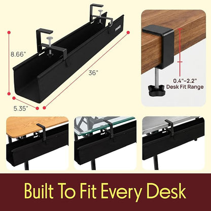 Pyle 36" Under Desk Cable Management Tray, Under Desk Wire Organizer with Clamp or Screw Mount, Desk Cable Organizer with Fabric Design for Large Workstations, Built-in Ties, 20 lb Capacity, Black