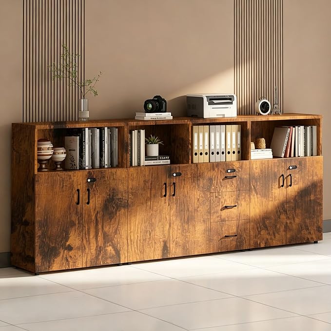File Cabinet with Password Lock, Wood Lateral Filing Cabinet for Letter/A4 Files, 3 Drawer with Door, Printer Stand with Open Shelves for Home Office