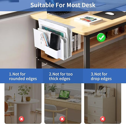 LUKETURE Desk Side Storage, 2 Tier Under Desk Laptop Mount with Pen Slot | Sturdy Steel Double Tier Strong, Magnetic Pen Holder, No Drill Clamp for Standing Desk Organizer, Fits 0.3-2.8" (White)