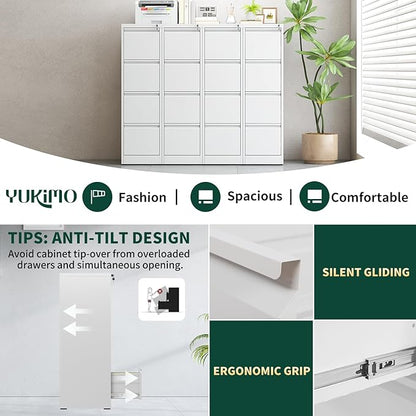 4 Drawer File Cabinet with Lock, Metal Vertical Filing Cabinet, Filing Cabinets for Home Office, Locking File Cabinet Hanging Files for A4/ Legal/Letter, Require Assembly, White