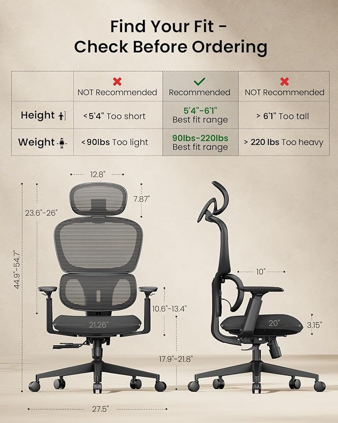 ProtoArc Ergonomic Office Chair – EC300 Adjustable Lumbar High Back Desk Chair, Sliding Seat, 3D Headrest, Wider Armrests, 4 Tilt Backrest Mesh Chairs for Home Office Long Hours Sitting - Black