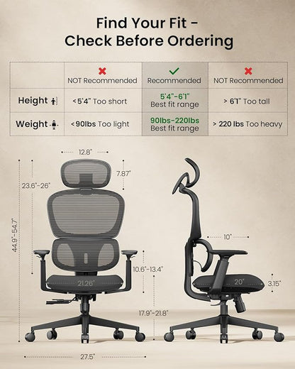 ProtoArc Ergonomic Office Chair – EC300 Adjustable Lumbar High Back Desk Chair, Sliding Seat, 3D Headrest, Wider Armrests, 4 Tilt Backrest Mesh Chairs for Home Office Long Hours Sitting - Black