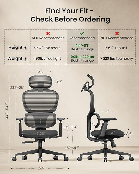 ProtoArc Ergonomic Office Chair – EC300 Adjustable Lumbar High Back Desk Chair, Sliding Seat, 3D Headrest, Wider Armrests, 4 Tilt Backrest Mesh Chairs for Home Office Long Hours Sitting - Black