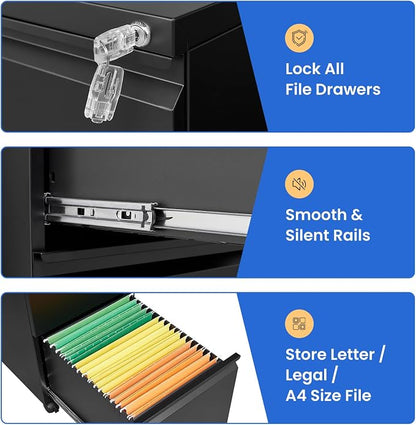 MIIIKO 2 Drawer File Cabinet on Wheels, Home Office Mobile File Drawers Under Desk, Filing Cabinets with Drawers for Legal/Letter/A4 File Folders(Black),Un-Assembled