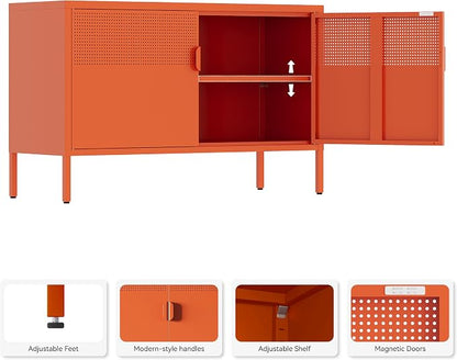 Orange Metal Storage Cabinet,2 Door TV Stand, Metal Mesh Accent Cabinet,Magnetic Door Closure,Low Storage Cabinets with Doors and Shelf for Home,Office,Living Room