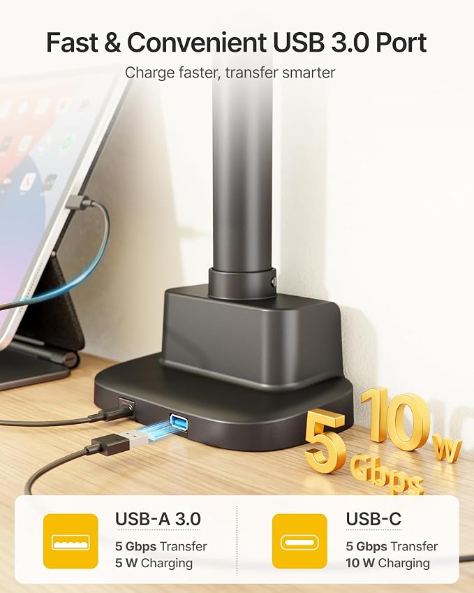 monTEK Extra Tall Dual Monitor Arms with USB, Mechanical Spring Desk Mount for 17 to 35 Inch 2 Screens, Smooth Precision Bearings, Holds up to 26.4 lbs Per Arm, C-Clamp/Grommet Base, VESA 75/100mm