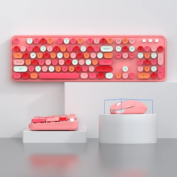 Dilter Wireless Keyboard and Mouse Combo, 104 Keys Full-Sized 2.4 GHz Round Keycap Colorful Keyboards, USB Receiver Plug and Play, for Windows, PC, Laptop, Desktop (Pink)