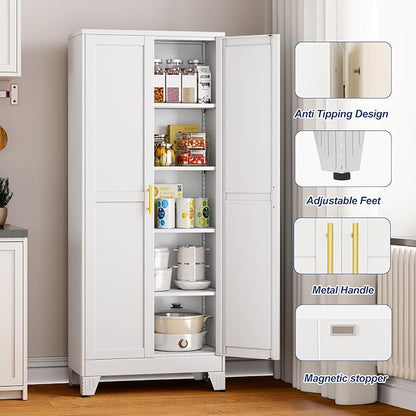 Metal Storage Cabinet with 2 Doors and 4 Adjustable Shelves - 71" Steel File Cabinet,Tool Cabinets for Office,Home,Garage,Gym,School,Bathroom,Kitchen(White)