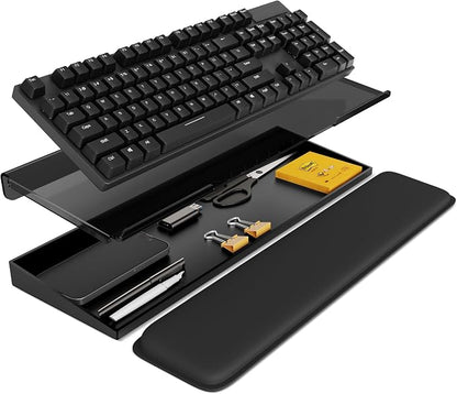 Laborio Computer Keyboard Stand with Storage Box, Keyboard Riser Wrist Rest for Desktop, Office Desk Organizer Accessories(Clear Black)