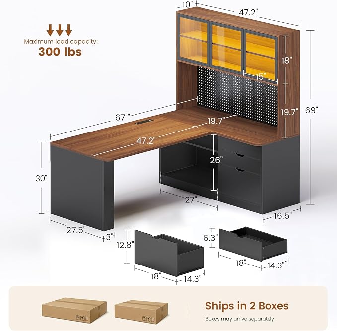 SEDETA L Shaped Office Desk, Computer Desk with 3 Wood Drawer and Large Bookshelf, L Shaped Corner Gaming Desk with LED Light, Display Cabinet and Pegboard, 27.5" W Large Desktop Table, Brown