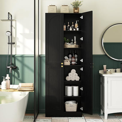 Cyclysio Storage Cabinet Set of 2, 80" Tall Arched Bookcase with 4 Soft Close Doors, 12-Tier Wooden 2 Set Pantry with Adjustable Shelves, Seamless Fit Wall for Home Office, Living Room, Kitchen