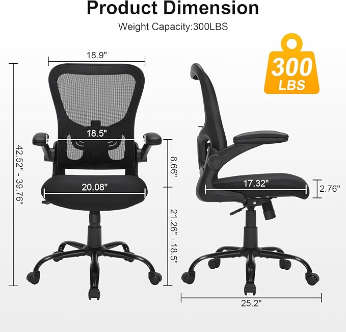 Ergonomic Mesh Office Chair with Adjustable Lumbar Support, Flip-Up Arms & Rolling Swivel Base, Breathable Computer Desk Chair for Home Office, Study & Remote Work, Black
