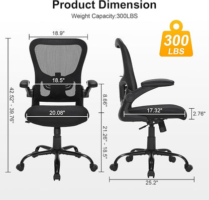 Ergonomic Mesh Office Chair with Adjustable Lumbar Support, Flip-Up Arms & Rolling Swivel Base, Breathable Computer Desk Chair for Home Office, Study & Remote Work, Black