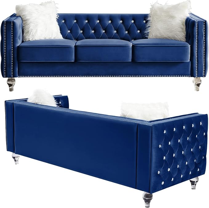 mikibama Velvet 3 Seater Sofa Couch with Buttons and Square Arms 83.07 Inch Tufted 3-seat Sofas with Trimmed Nailhead and Acrylic Legs Modern Couches for Living Room (Navy Blue-Crystal Legs, Sofa)