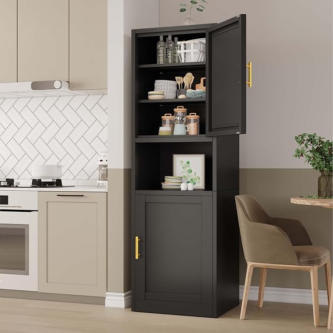 pozdeg 67" Tall Narrow Storage Cabinet, Metal Bathroom Cabinet with 2 Doors & 4 Adjustable Shelves, Freestanding Slim Pantry Organizer for Bathroom Kitchen Living Room (Black)