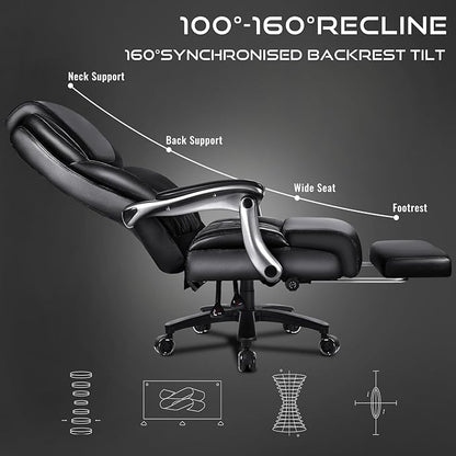 OFIKA 600lbs Big and Tall Office Chair with Foot Rest and Lifting Headrest,Large Heavy Duty Chair with Adjustable Lumber Support,Executive Office Chair,Leather Chair for Heavy People (Black)