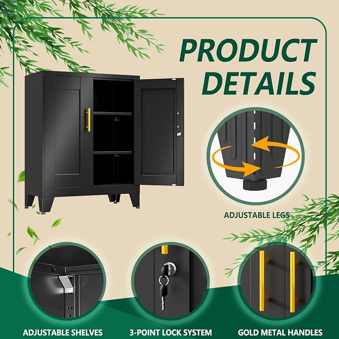winiowa Tall Metal Storage Cabinet with Lock, Locking File Cabinet with 2 Doors and 2 Adjustable Shelves, Black Lockable Organizer for Home Office Garage（27.6" W）