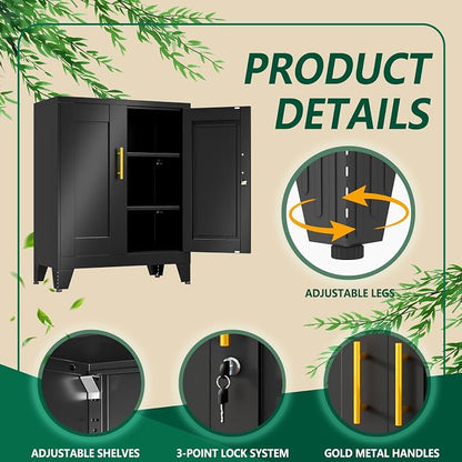winiowa Tall Metal Storage Cabinet with Lock, Locking File Cabinet with 2 Doors and 2 Adjustable Shelves, Black Lockable Organizer for Home Office Garage（27.6" W）