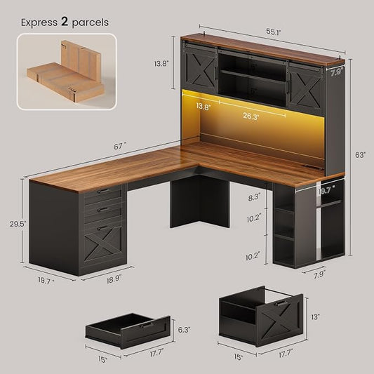 SEDETA 67" Farmhouse L Shaped Desk with Hutch, Home Office Desks with Drawers & Sliding Doors, Corner Computer Desk with Storage Shelves & Power Outlets, Executive Desk with LED Lights, Black+Brown